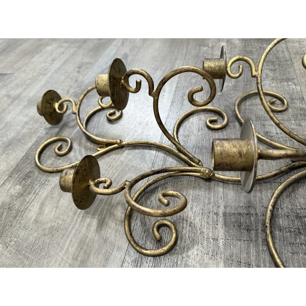 Vtg MCM Wall Candle Sconce Hollywood Regency Gold Tone Metal Scrolls Leaves (2)